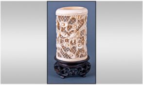 Chinese - Very Fine 19th Century Ivory Carved Brush Pot and Stand, with Dragon and Flower Decoration