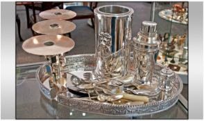 Collection of Silver Plated Ware comprising oval tray on four bun feet with scroll decoration,