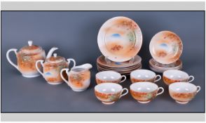 21 Piece Oriental Design Tea Service. Decorated with birds in an outdoor setting on white and