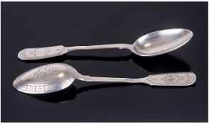 Russian Pair Of 19th Century Silver Spoons. Makers mark for Karl Faberge. Date 1891. Further marks