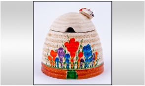 Clarice Cliff Hand Painted Beehive Preserve Pot ' Crocus ' Design. c.1929. 3.75 Inches High.