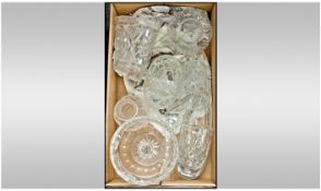 Box of Assorted Cut and Pressed Glass including various bowls, vases and dishes.