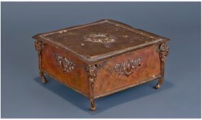French Brass Casket, Of Square Form The Hinged Lid With Applied Laurel Wreath Motif , Raised On Four