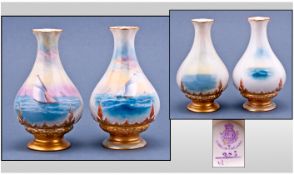 Royal Worcester - Fine Pair of Hand Painted Miniature Ship Vases, Signed Rushton. Date 1906. Each