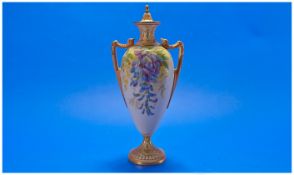 Royal Worcester Hand Painted Two Handled Lidded Vase ' Wisteria ' Date 1906. Height 11.5 Inches.