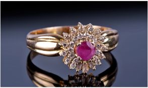 14ct Gold Diamond & Ruby Cluster Ring, Central Round Ruby Surrounded By Round Cut Diamonds,