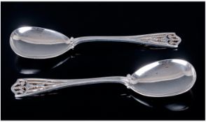 A Good Pair of Silver Edwardian Arts and Crafts Serving Spoons. Fig Shaped Bowls with Pierced