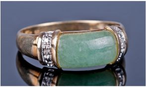 9ct Gold Jadeite Ring. Set With A Central Jadeite Stone Set Between Round Cut Diamonds, Fully