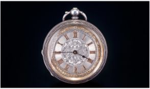 Silver Open Faced Ladies Fob Watch, Silvered Dial, Chapter Dial With Gilt Roman Numerals, 41mm Swiss