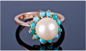 Gold Pearl And Turquoise Set Ring, Central Pearl Surrounded By 12 Small Polished Turquoise, 18ct