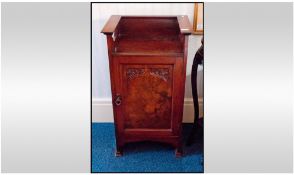 Victorian Walnut Side Cabinet. With a single carved door, and an unusual cornice top. Width 20