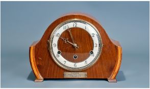 Art Deco Andrew Wood Cased Mantle Clock, Arabic Numerals, 9 inches in height. With inlay to side