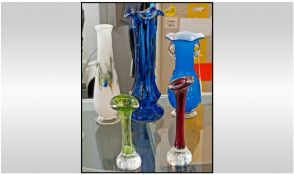 Murano Early 1960's Stylished Glass Vases, 5 in total. Various colours and sizes. Tallest vase 12.