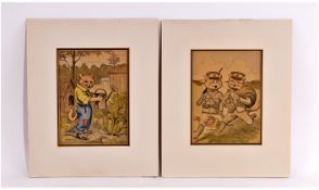 A Pair Of Coloured Book Pages By Louis Wain, depicting cats at play.