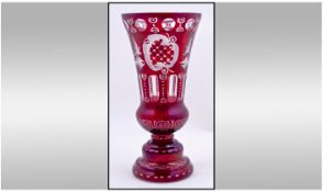 Bohemian Style Ruby And Clear Glass Vase. Circa 1910-1920. Stands 10.25 inches high. Excellent