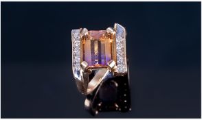 14ct Gold Diamond Dress Ring, Central Emerald Cut Purple Orange Stone Set Between Two Rows Of 10