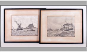 Pair Of Pencil Drawings. Circa 1940's. A view of 'Gilbaltra' with battleship and submarine with a