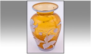 Yellow Cameo Glass Vase of Baluster Form, finely wheeled cut decoration of a flowering poppy amongst