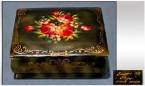 Russian Lacquered Rectangular Box, Floral Decoration. Signed on the top and full signed and