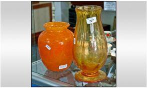 Two Coloured Glass Vases. Comprising bright orange mottled glass of bulbus form, 9 inches in height.