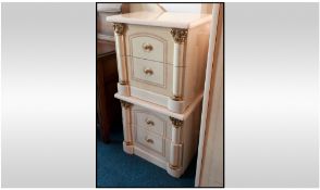 Pair Of High Gloss Contemporary Neo Classical Style Bedside Cabinets, Each With Two Drawers. Marbled