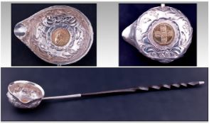 George II Very Fine Silver Toddy/Ladel with a Twist Baleen Handle Set with George II Silver Coin