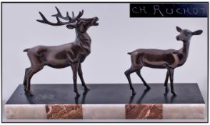 French 1920's Art Deco Fine Bronzed Figure On A Marble Base Of A Male And Female Deer In Standing