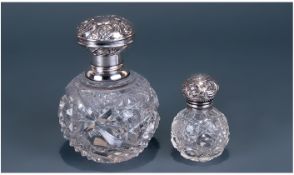 Edwardian Embossed Silver Topped and Cut Crystal Perfume Bottles ( 2 ) In Total. Hallmarks
