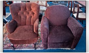 A Brown Cupboard Tub Chair. Together with a button back armchair. Sold as Found.