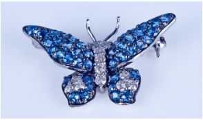 18ct White Gold Very Fine Set Diamond and Sapphire Small Butterfly Brooch. The Diamonds of Good