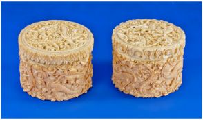 Fine Pair Of Chinese Canton Ivory Round Lidded Ladies Trinket Boxes, with a mirror inserted into the