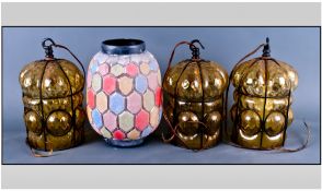 Three Lantern Style Glass Electric Wall Lights, olive green dimple glass shade. Together with