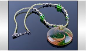 Murano Glass Emerald Green Swirl Pendant Necklace, The Circular Pendant Having The Green Swirled