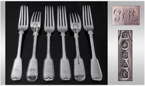 Mid Victorian Set of Six Silver Riddle Back Table Forks. Hallmark LONDON 1864 Makers Mark GA.