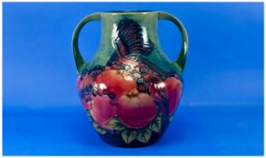 Moorcroft Modern Twin Handled Vase of Waisted Form, ' Finches ' Designer Sally Tuffin. Date 1990.