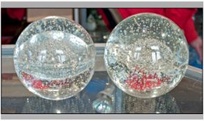 A Pair Of Large Dome Shaped Glass Domes, with snow effect. Each 6.25 inches high.