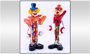 Murano Early 1960's Multicoloured Glass Clown Figures, 2 in total. With Murano labels. Each 10.25
