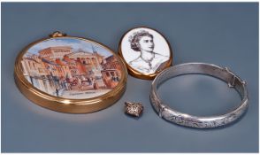 Silver Hinged Bangle, Heart Shaped Pendant, 1953 Coronation Brooch + Small Miniature Framed Picture.