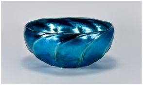 Tiffany Favrile Shades of Blue Lustre Bowl, the very slightly inverted bowl having raised wavy