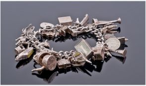 Heavy Silver Charm Bracelet Loaded With 20+ Charms, To Include World Cup Charm, Â£1, Isle Of Man