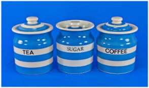 T.G Green Original Cornishware Blue And White 3 Piece Set of tea canister, coffee canister and sugar