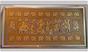 Extremely Large Thai Gold Metal Threaded Embossed Embroidered Wall Panel, with elephant border.