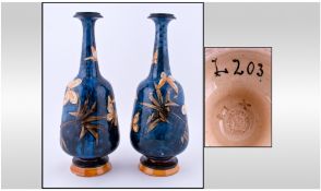Doulton Lambeth Pair of Fine Butterfly Vases. Date 1879. Impressed Mark to Base, Over painting to