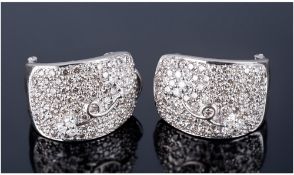 14ct White Gold Diamond Cluster Earrings, Pave Set Round Modern Brilliant Cut Diamonds, French
