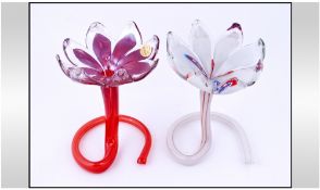 Murano Pair of Styalished Multi Coloured Floral Sculptures. Each Stands 6.25 Inches High.