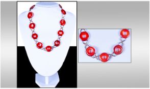 Chinese Export Silver Agate Necklace, Mounted With 13 Carnelian Rings Set In Silver, The Clasp