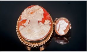 Large Italian Hand Carved Shell Cameo Brooch, Depicting A Classical Maiden, Set In A 9ct Gold Framed