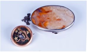 Japanese Gold Mounted Brooch, Depicting An Owl In A Tree, Diameter 25mm, Together With A Silver