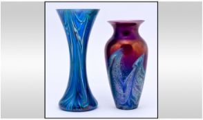 Okra - Fine Art Studio Iridescent Glass Vases ( 2 ) In Total. c.1960's. Labels to Bases. Heights 7.