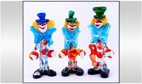 Murano Multicoloured 1960's Glass Clown Figures, 3 in total. All with Murano labels. Size: 8.5